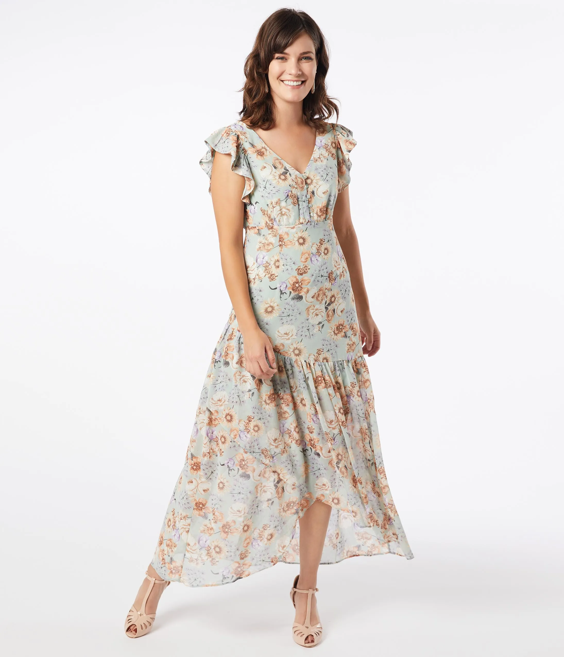 1920s Style Sage Floral Ruffle Maxi Day Dress