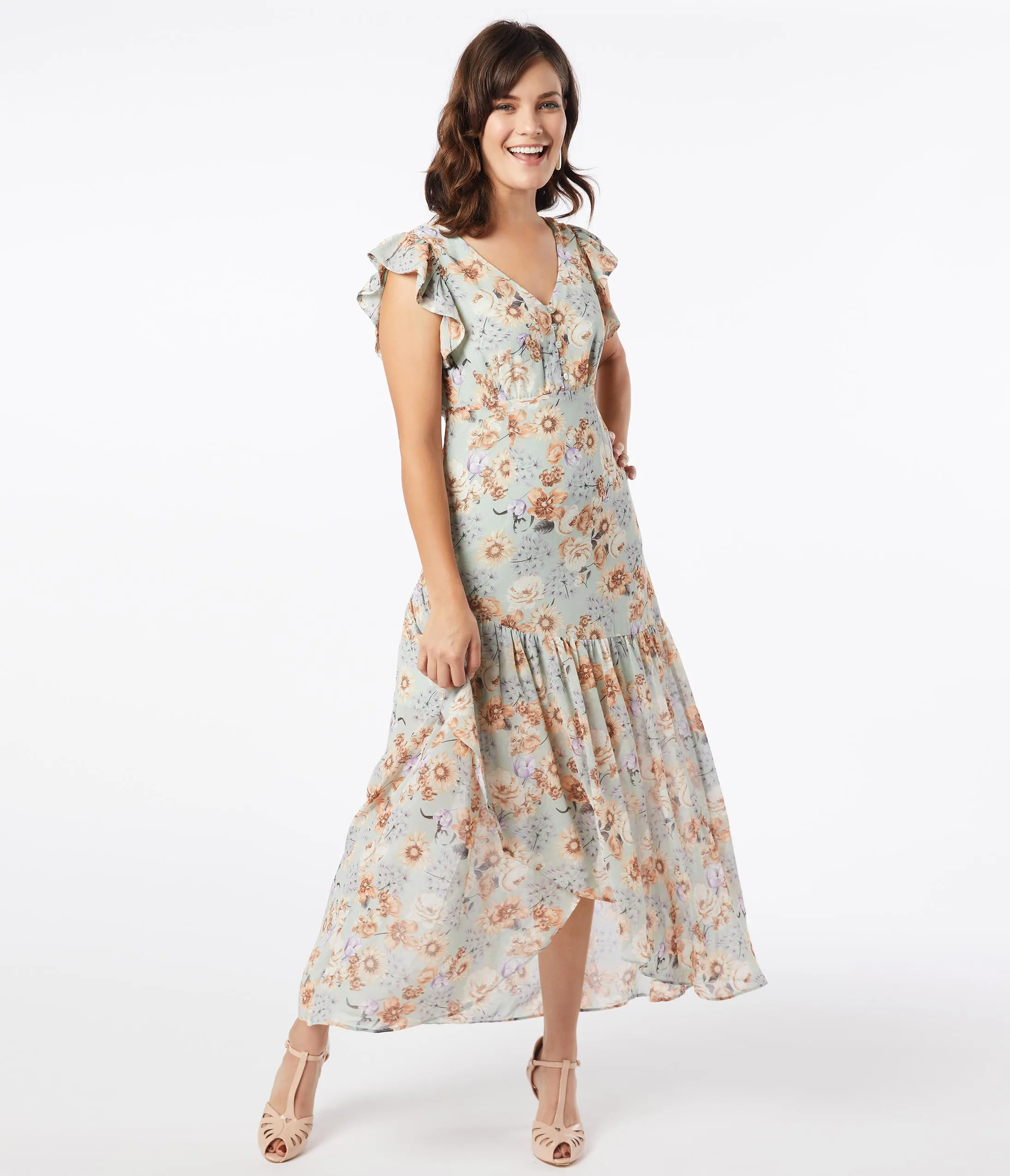 1920s Style Sage Floral Ruffle Maxi Day Dress