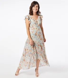 1920s Style Sage Floral Ruffle Maxi Day Dress