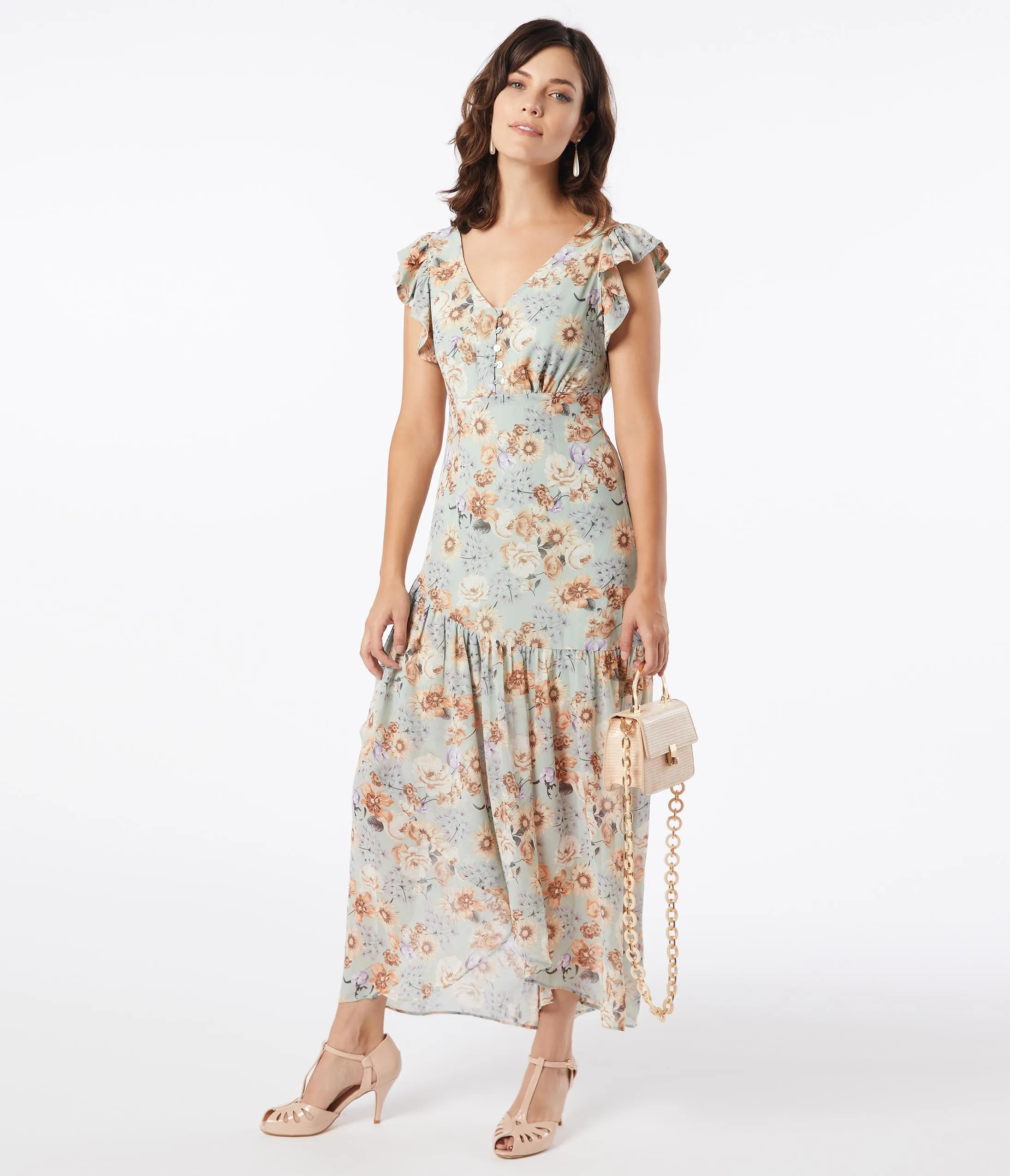 1920s Style Sage Floral Ruffle Maxi Day Dress