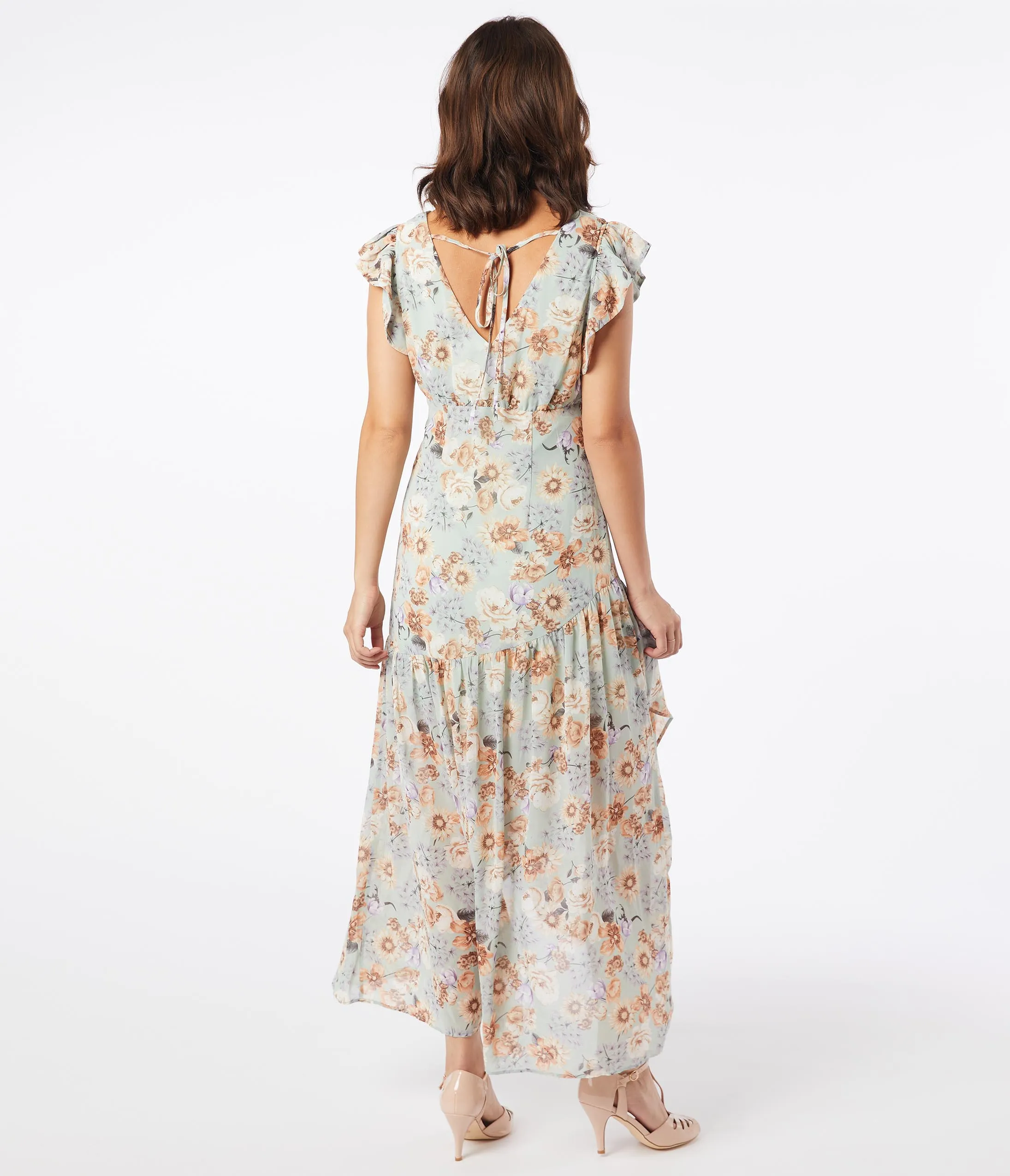 1920s Style Sage Floral Ruffle Maxi Day Dress