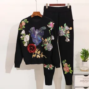 2Pcs Floral Sequin Embroidered Sweater & Pants Set