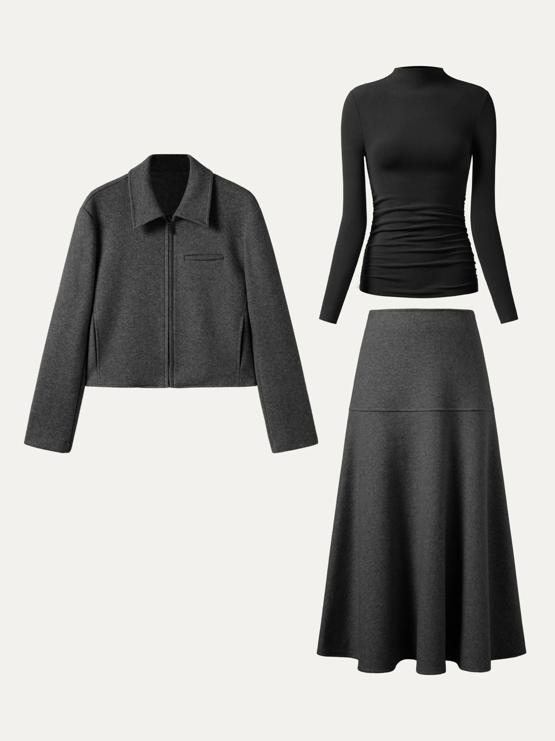 3Pcs Set Tuckable Mockneck Top & Cropped Jacket & Flared Maxi Skirt