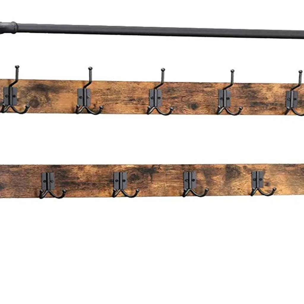 72 Inch Industrial Metal Coat Rack, Wood Bench, Two Wire Mesh Shelves, Rustic Brown, Black By Casagear Home