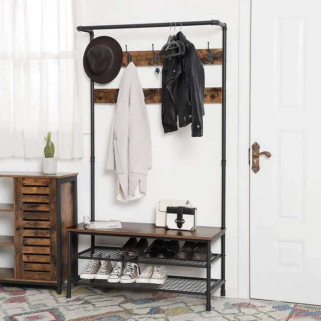 72 Inch Industrial Metal Coat Rack, Wood Bench, Two Wire Mesh Shelves, Rustic Brown, Black By Casagear Home