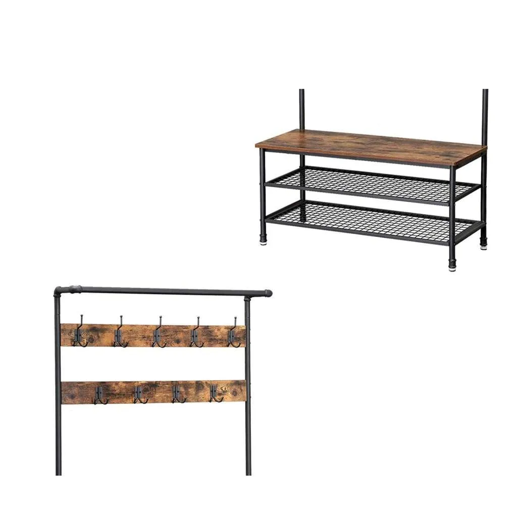 72 Inch Industrial Metal Coat Rack, Wood Bench, Two Wire Mesh Shelves, Rustic Brown, Black By Casagear Home