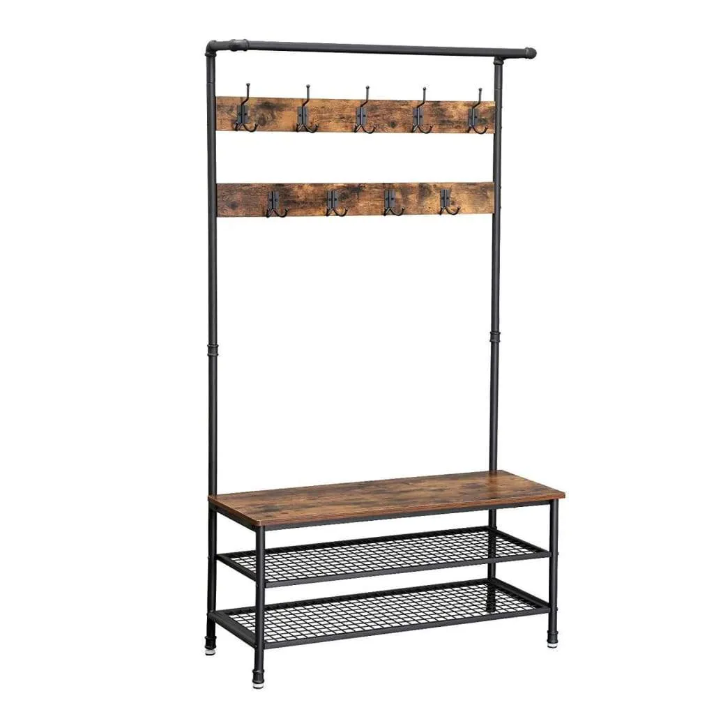 72 Inch Industrial Metal Coat Rack, Wood Bench, Two Wire Mesh Shelves, Rustic Brown, Black By Casagear Home