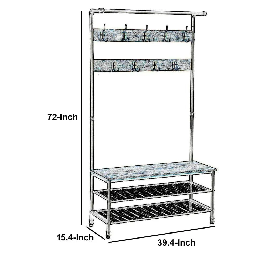 72 Inch Industrial Metal Coat Rack, Wood Bench, Two Wire Mesh Shelves, Rustic Brown, Black By Casagear Home