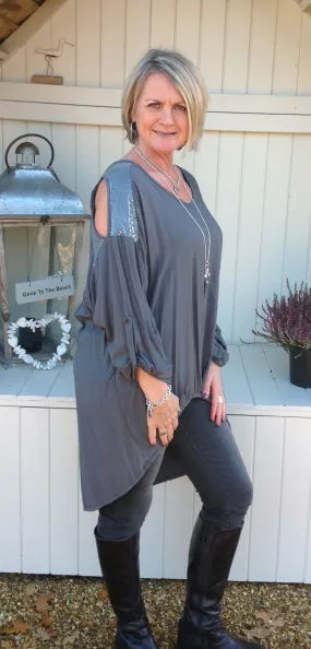 Abruzzo Sequin Top Soft in Charcoal