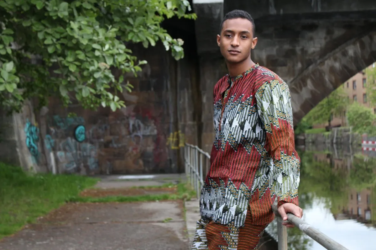 African Suit in Orange Red Print - Aztec Festival Outfit