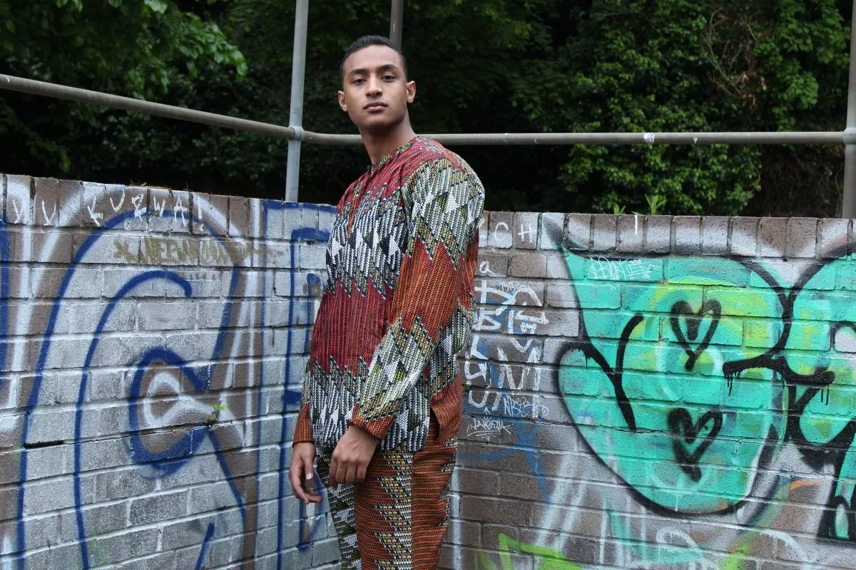 African Suit in Orange Red Print - Aztec Festival Outfit