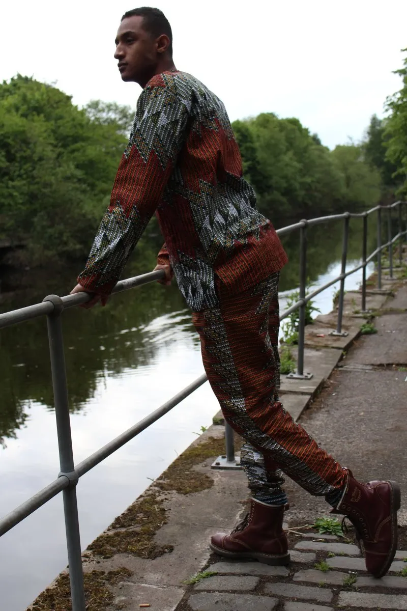 African Suit in Orange Red Print - Aztec Festival Outfit