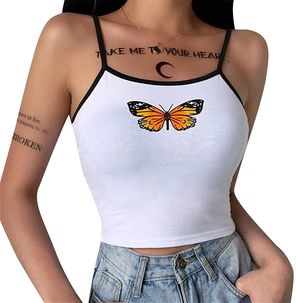 Afylingla Women's Printed Camisole Sleeveless Spaghetti Strap Slim Fit Crop Top Streetwear