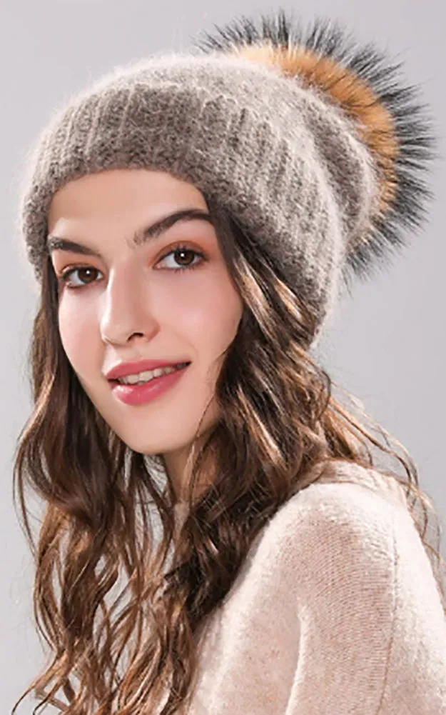 AHR3 Rich Angora Wool Real Raccoon Fur Pom Pom Hat