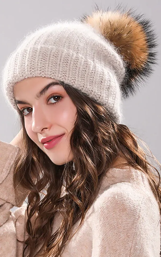 AHR3 Rich Angora Wool Real Raccoon Fur Pom Pom Hat