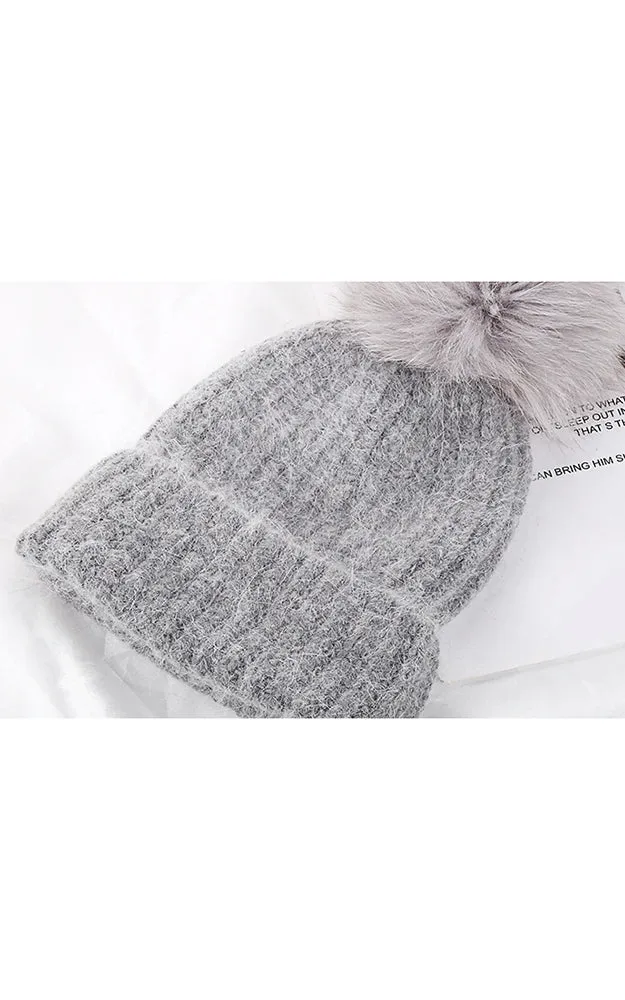 AHR3 Rich Angora Wool Real Raccoon Fur Pom Pom Hat