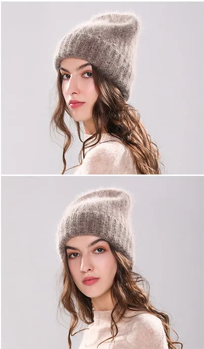 AHR3 Rich Angora Wool Real Raccoon Fur Pom Pom Hat