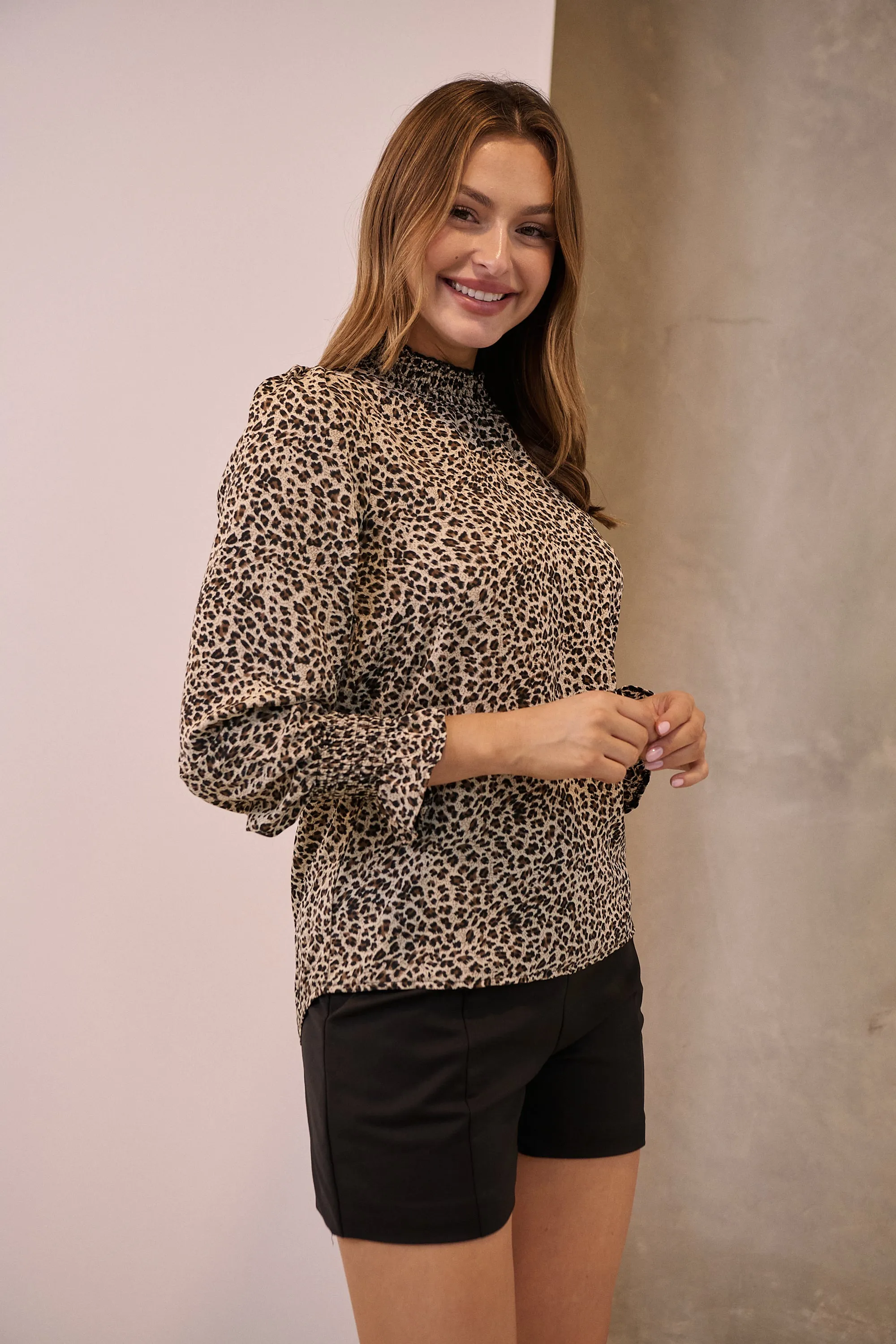 Aurora Leopard Shirred Neck Long Sleeve Top