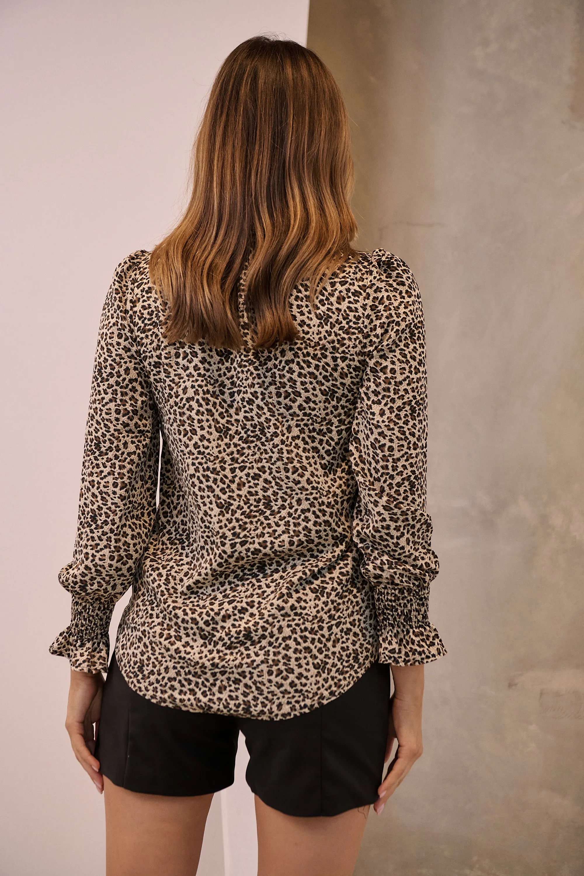 Aurora Leopard Shirred Neck Long Sleeve Top