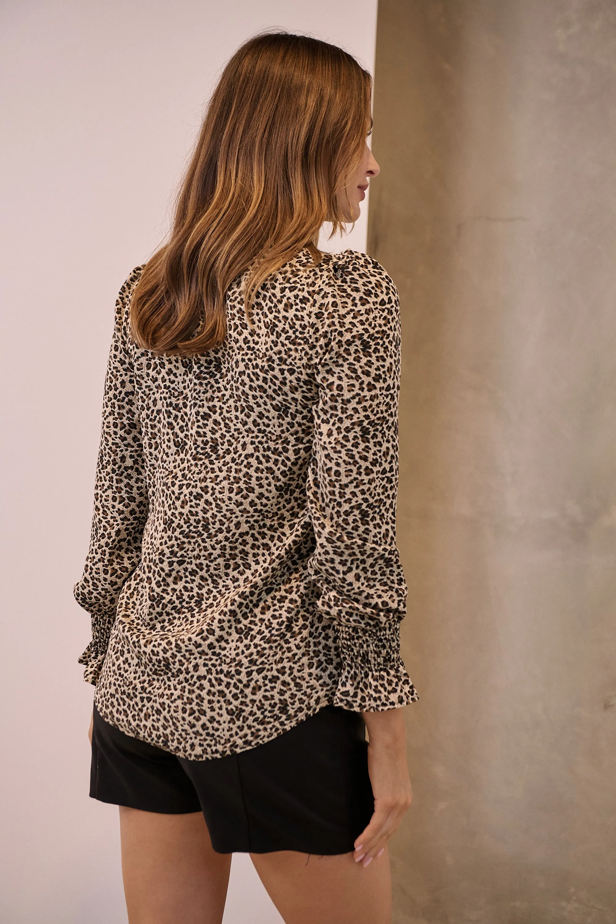 Aurora Leopard Shirred Neck Long Sleeve Top