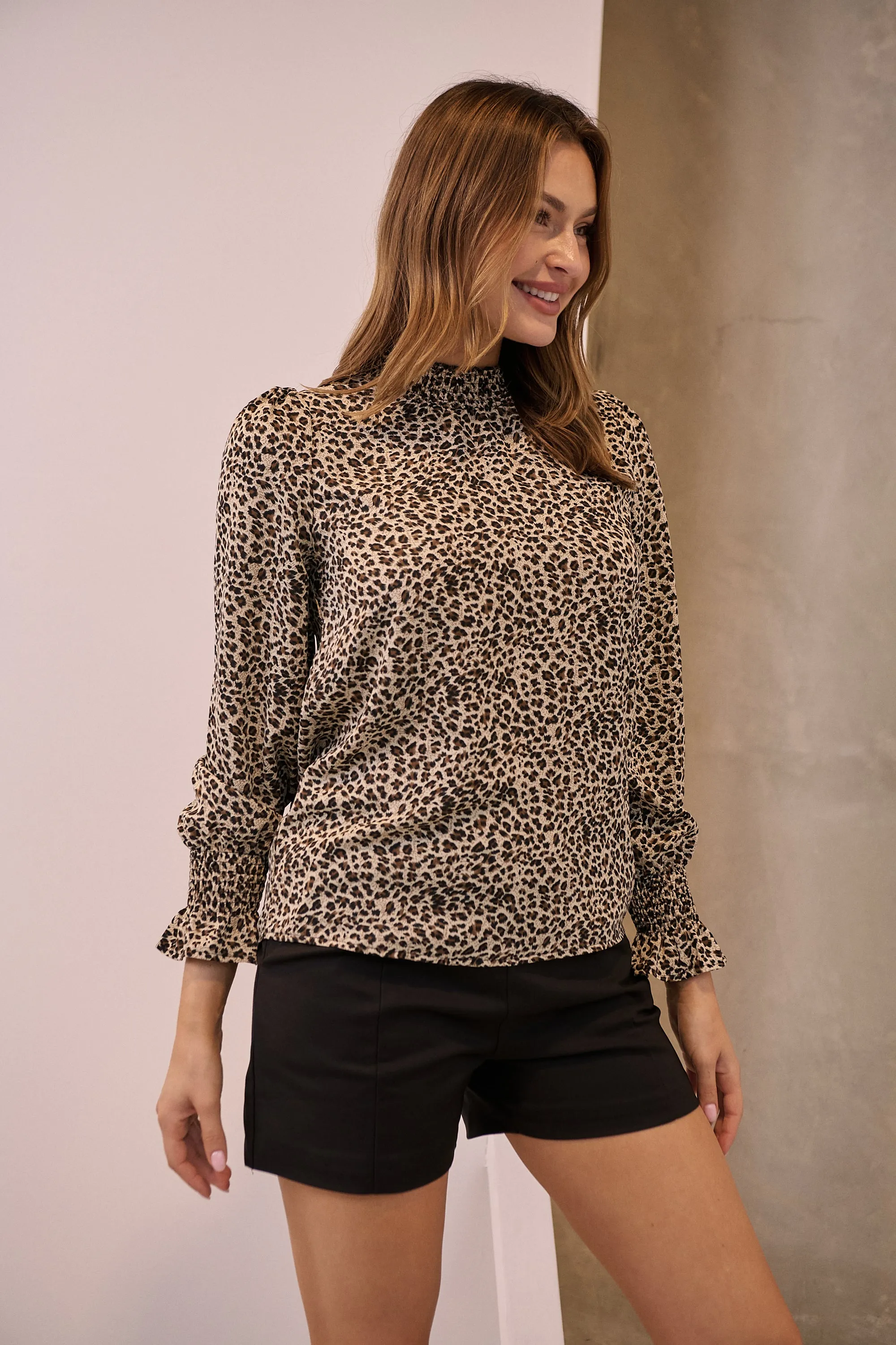 Aurora Leopard Shirred Neck Long Sleeve Top