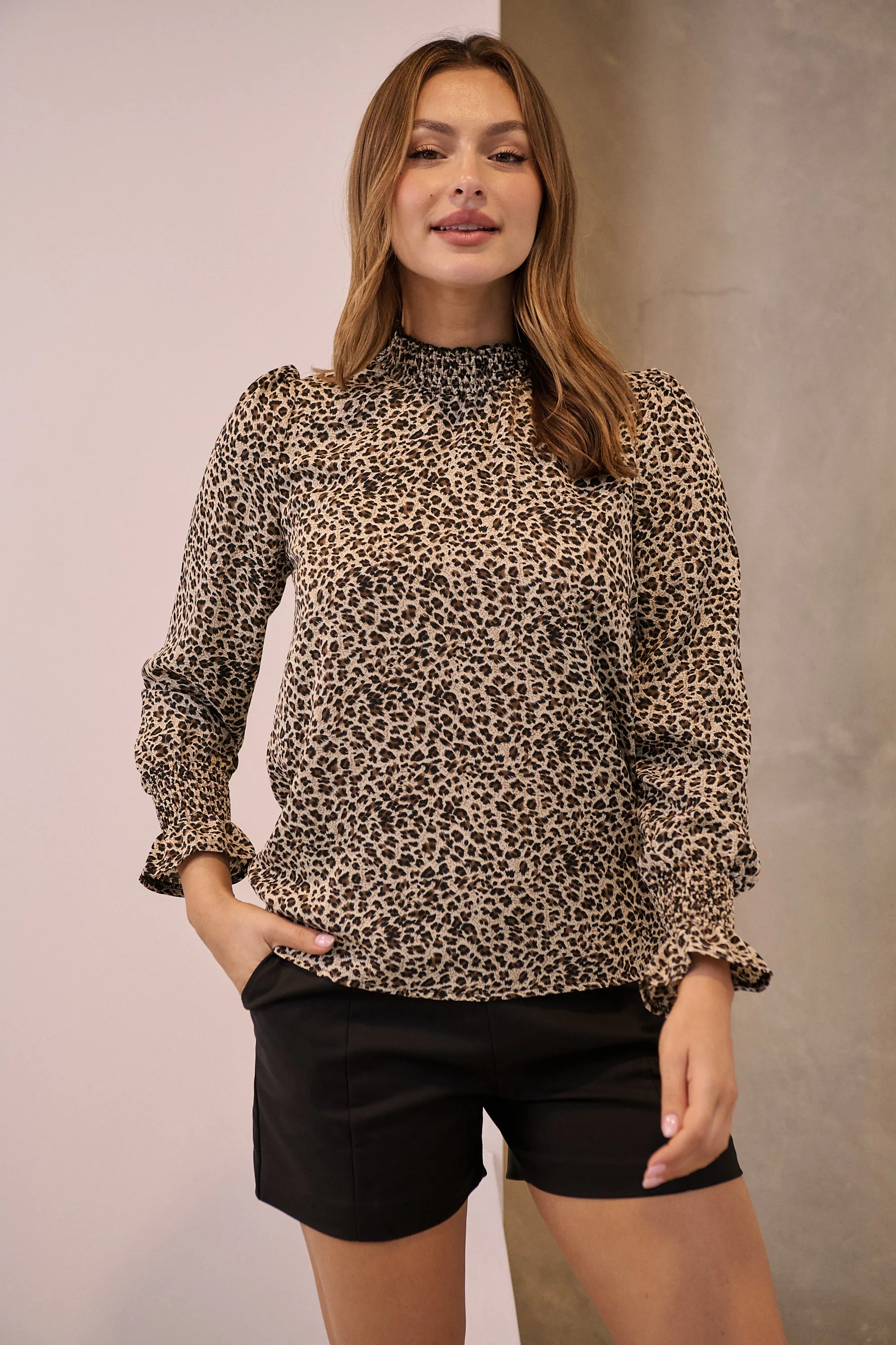 Aurora Leopard Shirred Neck Long Sleeve Top