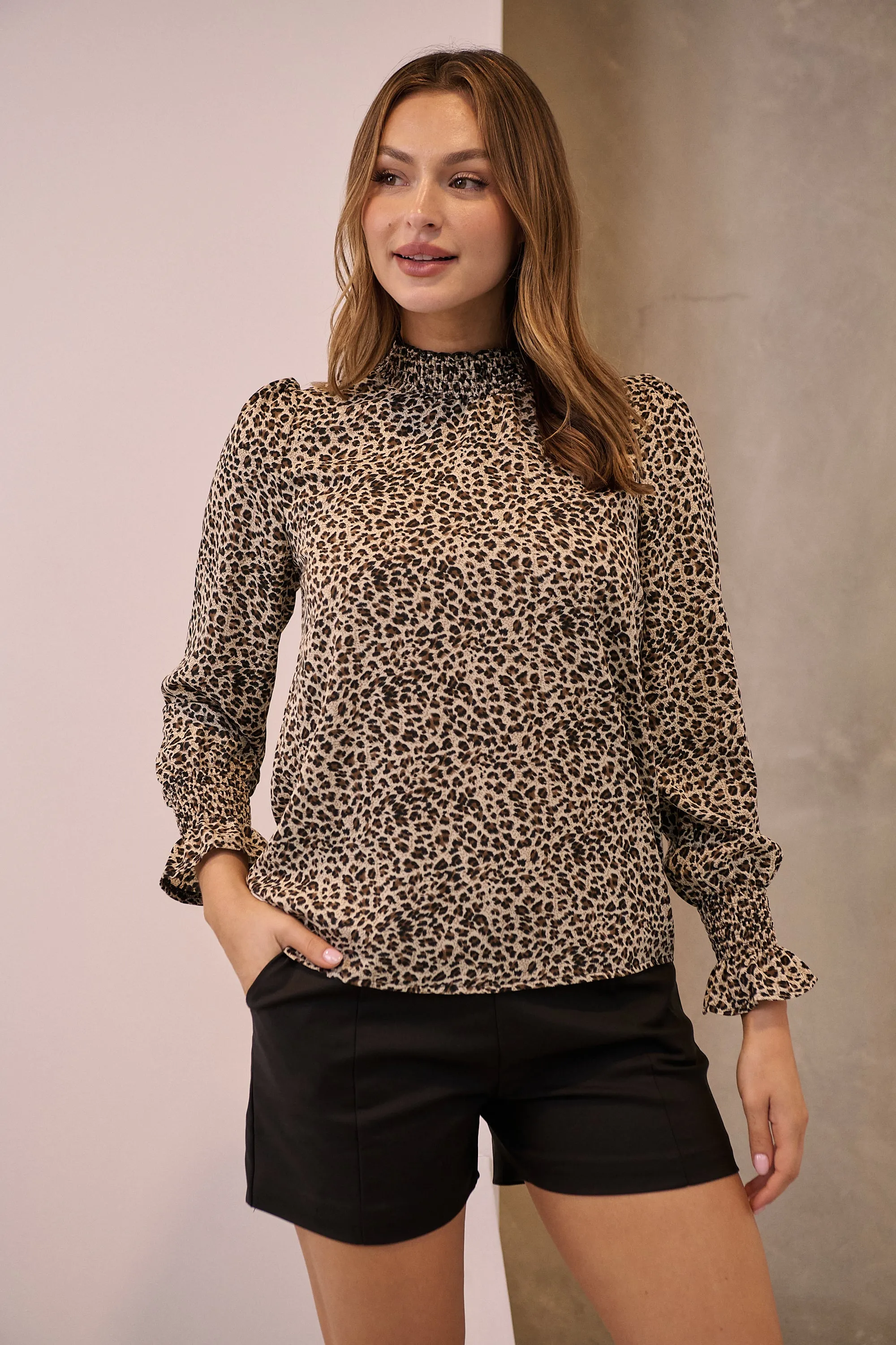 Aurora Leopard Shirred Neck Long Sleeve Top