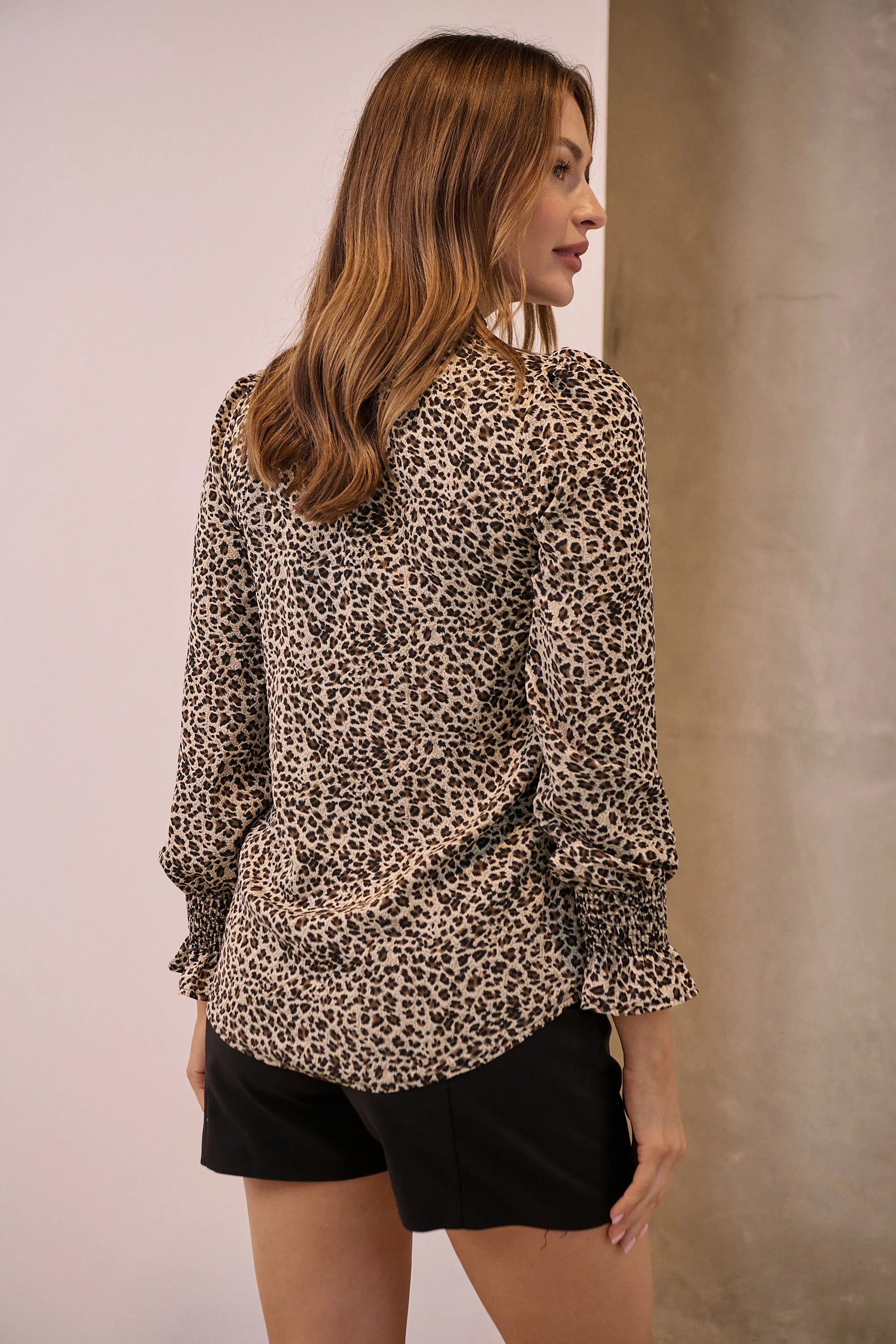 Aurora Leopard Shirred Neck Long Sleeve Top