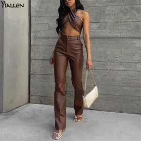 Autumn New PU leather Halter Sleeveless Crop Top And High Waist Straight Long Pants Casual Two Piece Sets