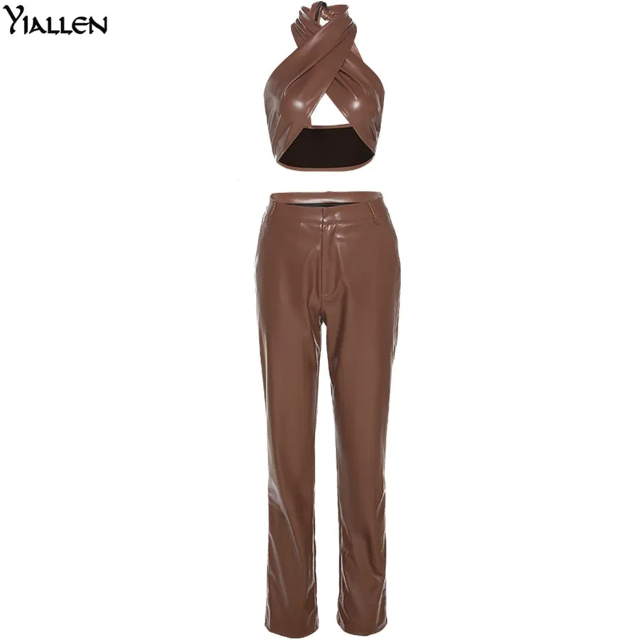 Autumn New PU leather Halter Sleeveless Crop Top And High Waist Straight Long Pants Casual Two Piece Sets