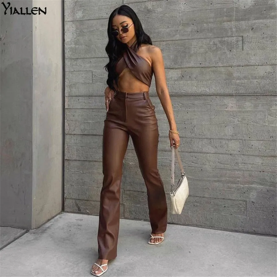 Autumn New PU leather Halter Sleeveless Crop Top And High Waist Straight Long Pants Casual Two Piece Sets