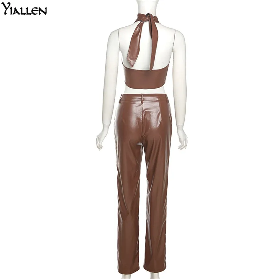 Autumn New PU leather Halter Sleeveless Crop Top And High Waist Straight Long Pants Casual Two Piece Sets