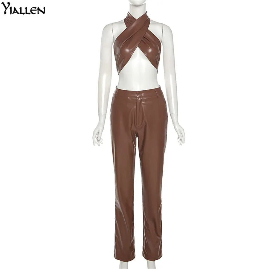 Autumn New PU leather Halter Sleeveless Crop Top And High Waist Straight Long Pants Casual Two Piece Sets