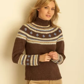 Bernat Knit Fair Isle Yoke Pullover - Brown