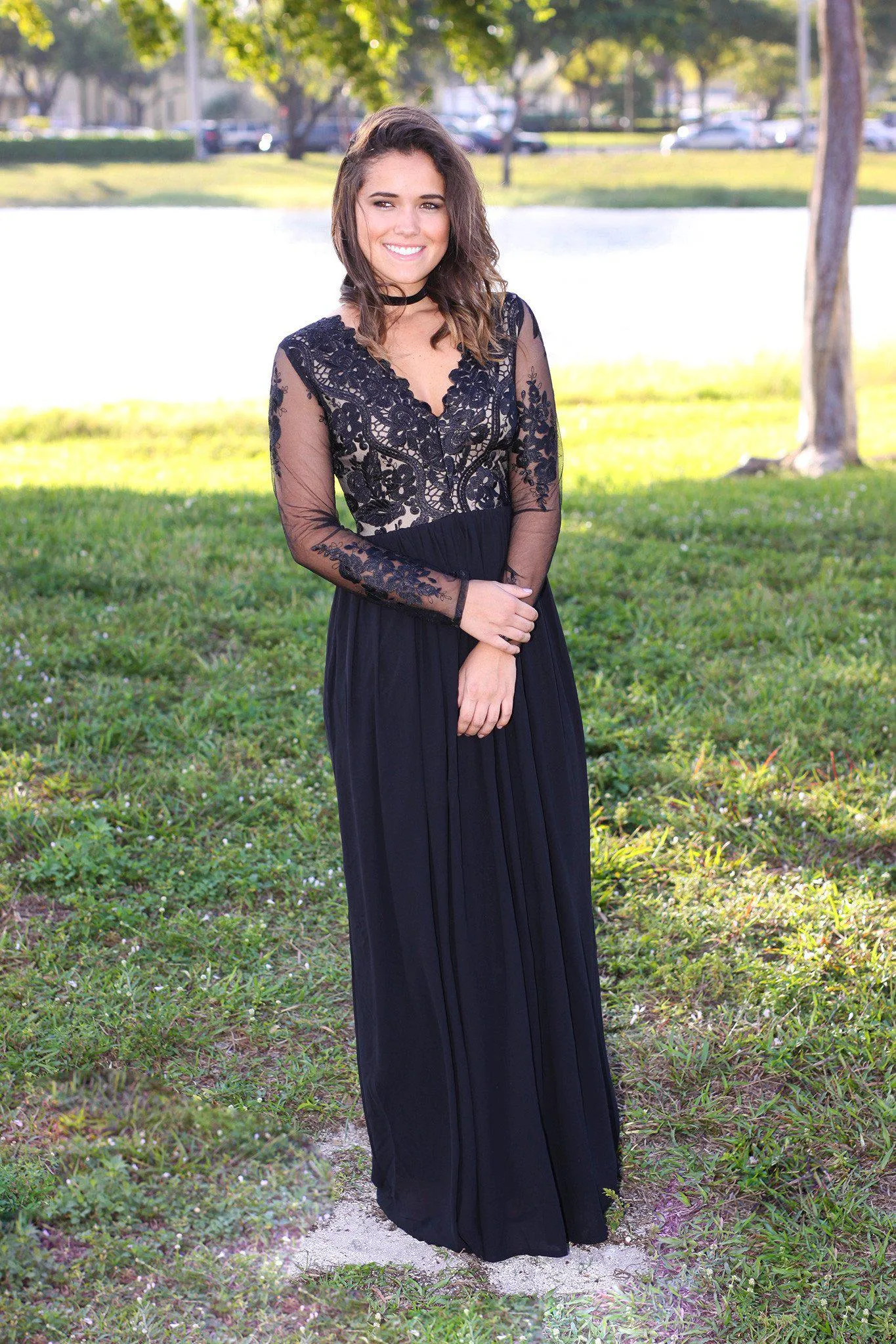 Black and Nude Tulle Maxi Dress