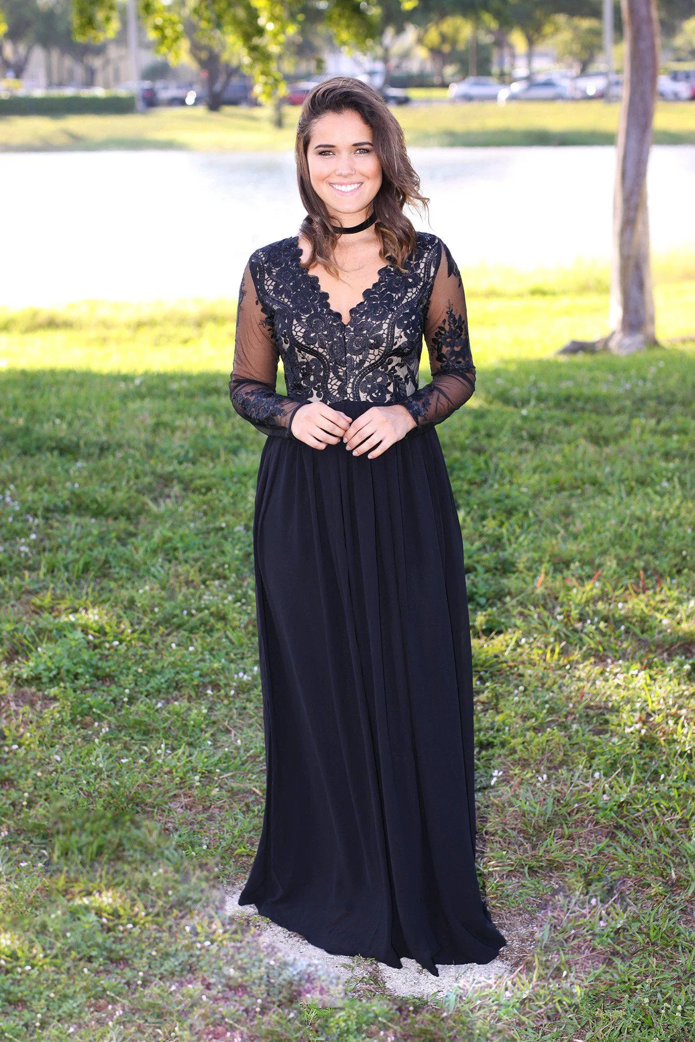 Black and Nude Tulle Maxi Dress