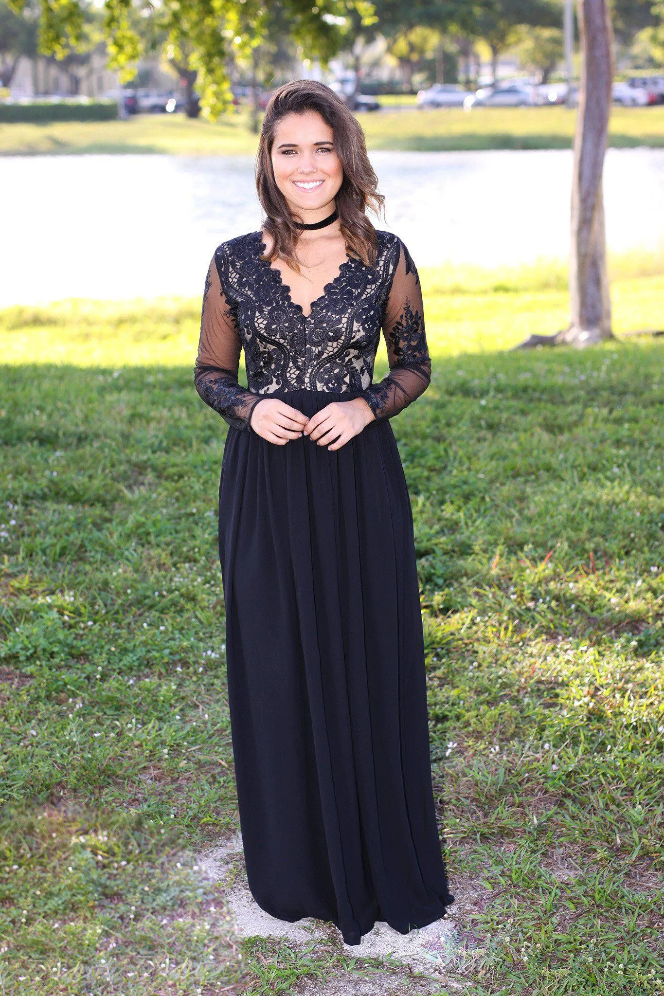 Black and Nude Tulle Maxi Dress