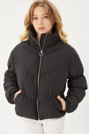 Black Long Sleeve Fluffy Puffer Jacket