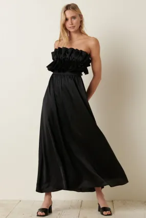 Black Satin Ruffle Bust With Tie Back Maxi Dress