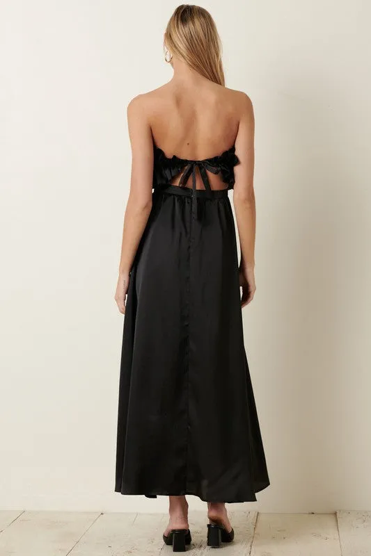 Black Satin Ruffle Bust With Tie Back Maxi Dress