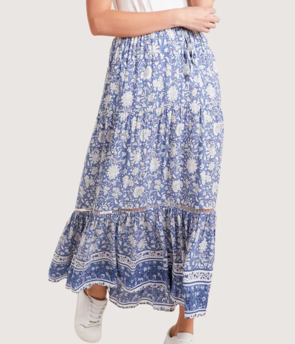 Blue Floral Tiered Midi skirt