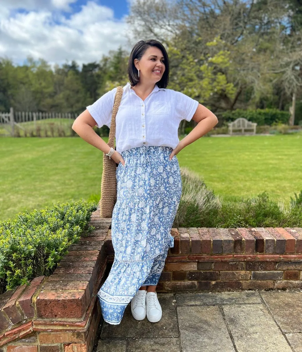 Blue Floral Tiered Midi skirt