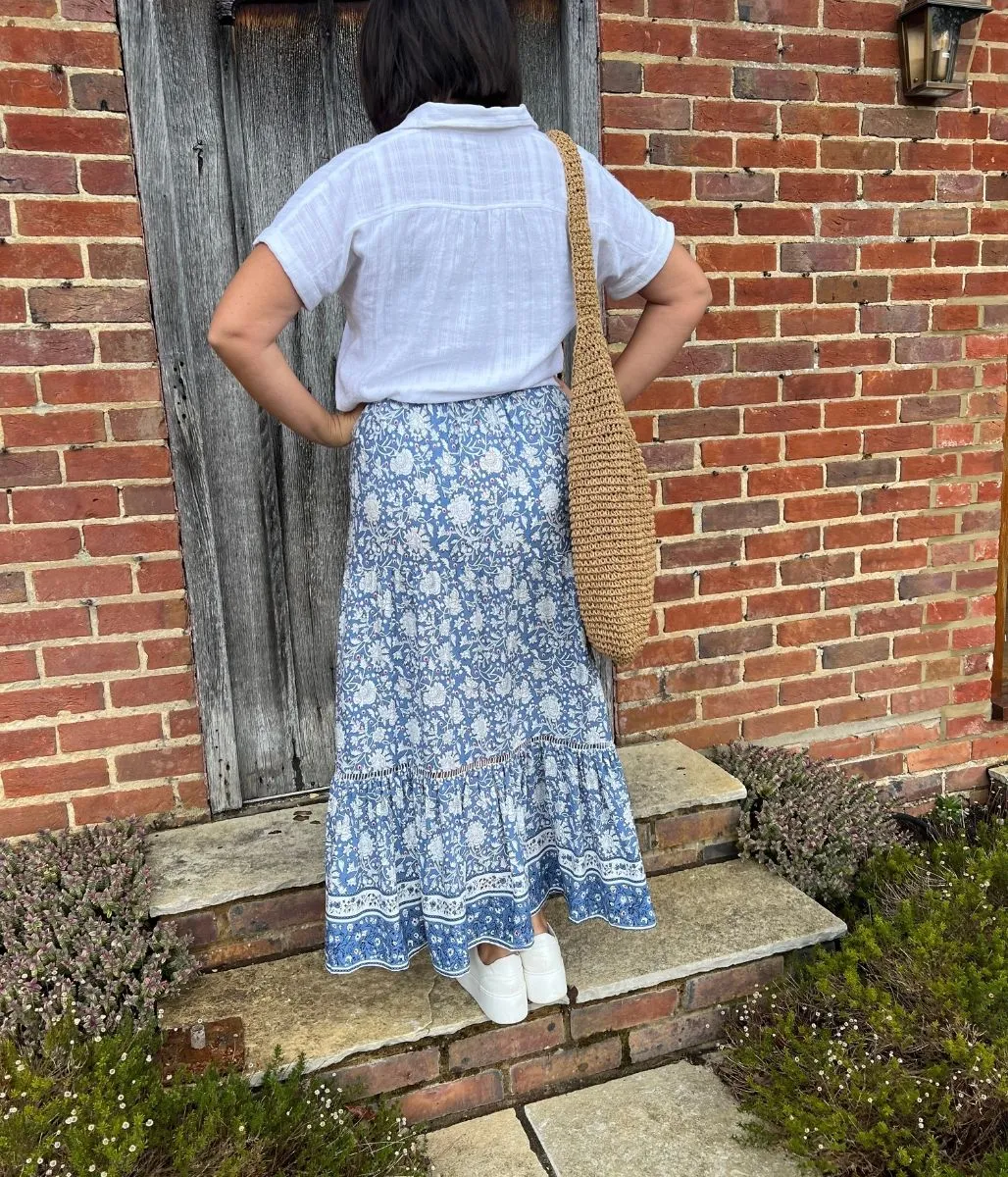 Blue Floral Tiered Midi skirt