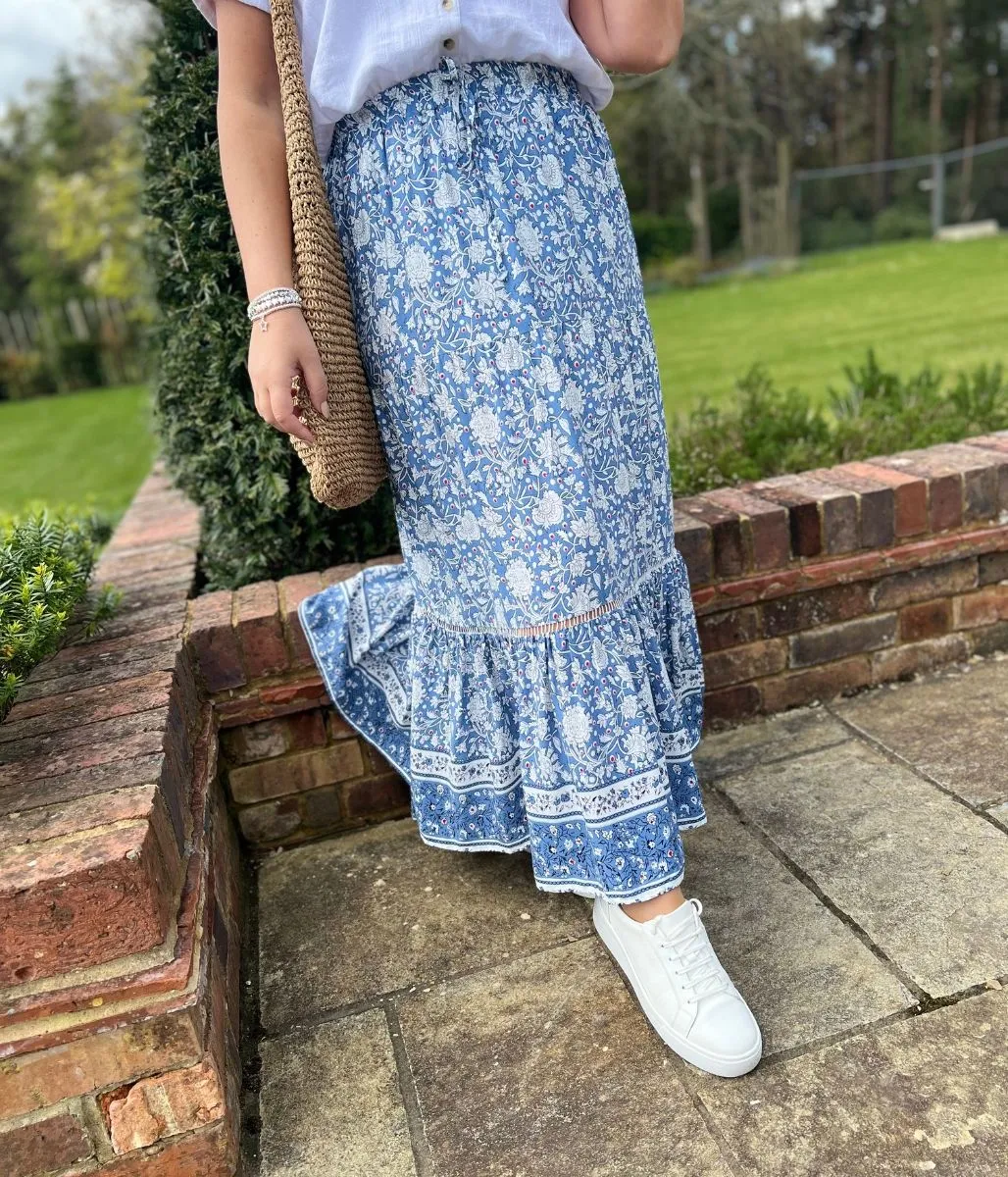 Blue Floral Tiered Midi skirt