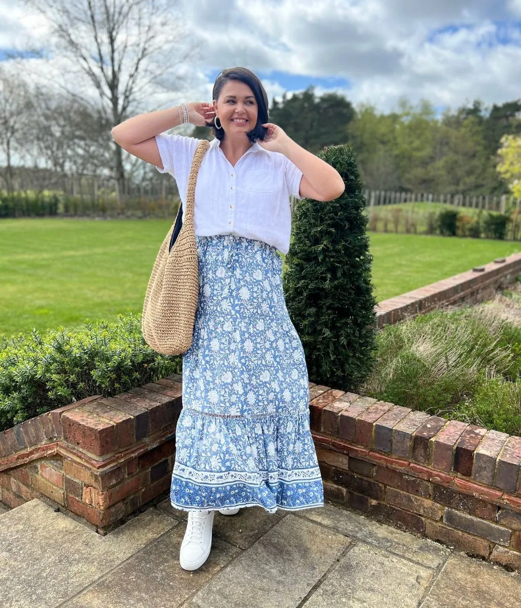 Blue Floral Tiered Midi skirt