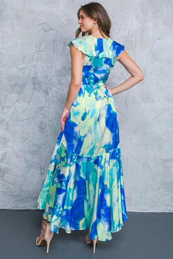 BLUE MULTI SATIN HI-LOW SURPLICE MAXI DRESS