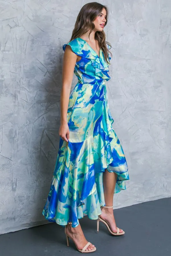 BLUE MULTI SATIN HI-LOW SURPLICE MAXI DRESS