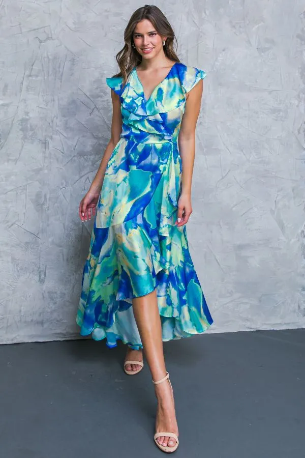 BLUE MULTI SATIN HI-LOW SURPLICE MAXI DRESS