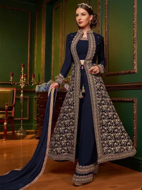 Blue Rouge Ethnic Embroidered Jacket Style Palazzo Suit