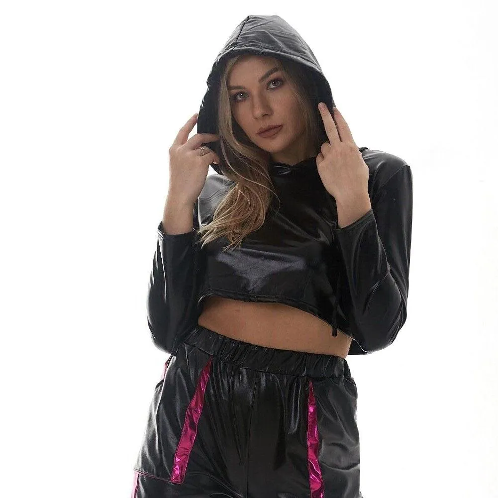 Bright Leather Exposed Navel long sleeve pullover loose short hooded Set